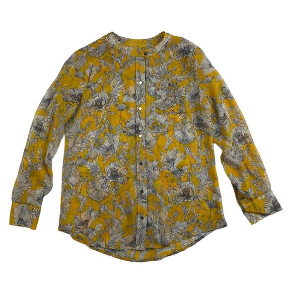 Liz Claiborne Yellow Floral Button Up Blouse Sheer Sz PS SP Chiffon L/S Roll Tab - Picture 1 of 7